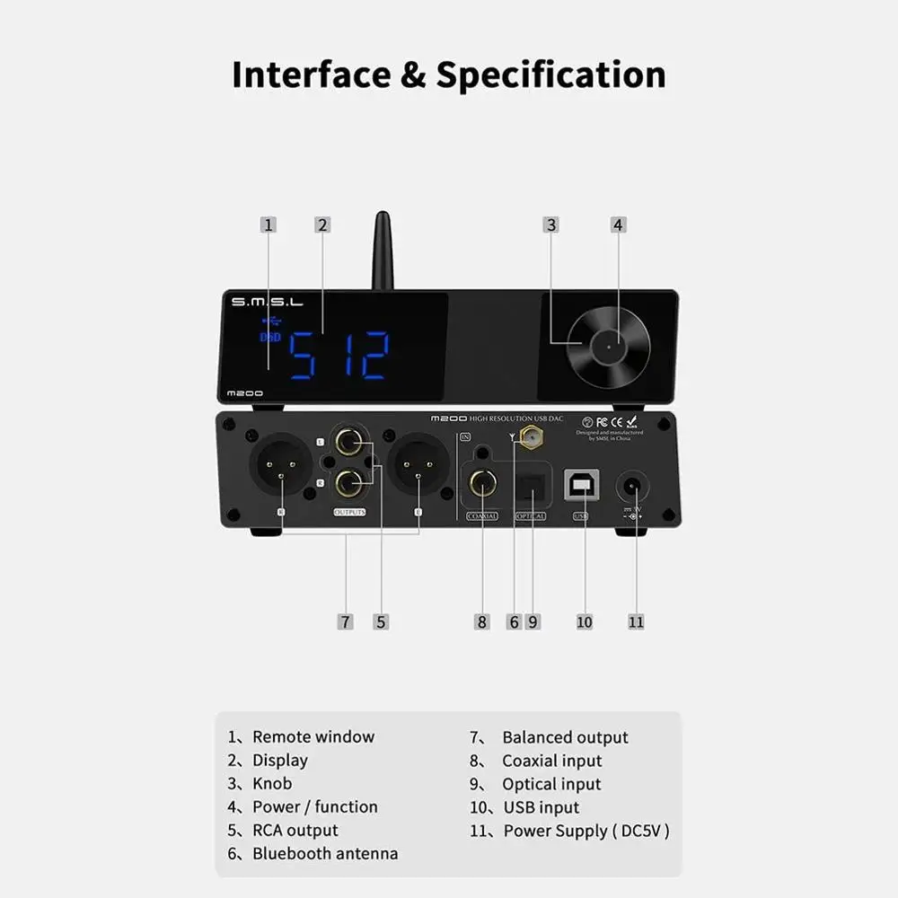 SMSL M200 HiFi Bluetooth аудио DAC XMOS AK4497EQ/USB/оптический коаксиальный/декодер DSD512 32 бит/768 кГц с