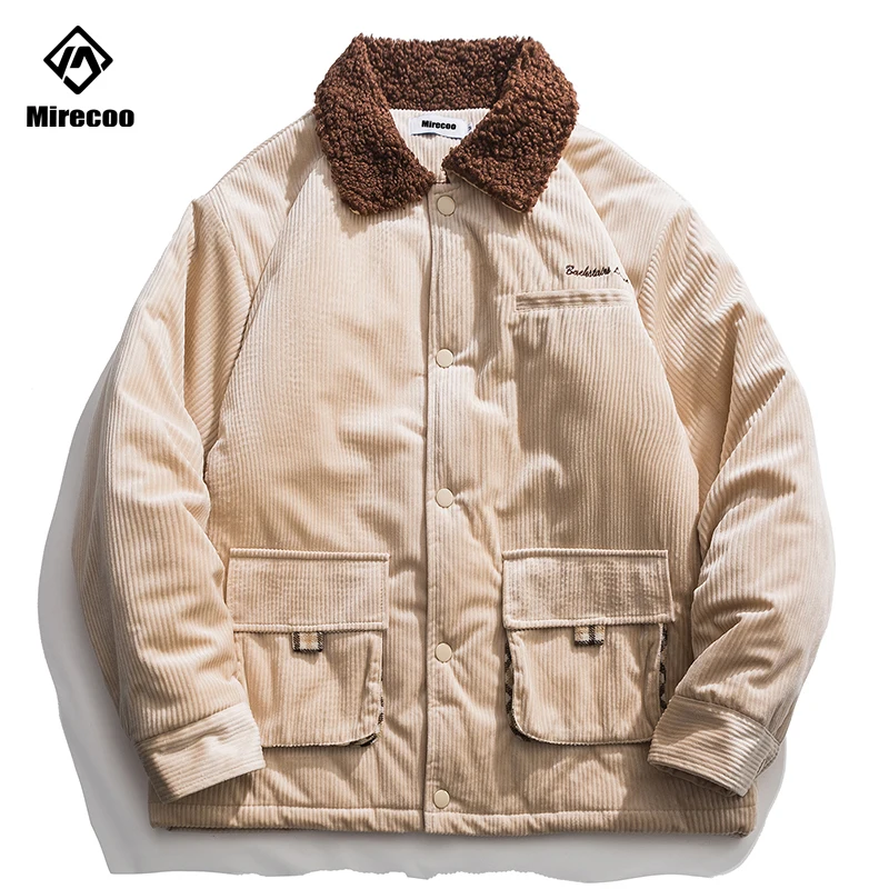 

2019 Button Corduroy Padded Parka Men Cargo Pockets Down Jacket Men Streetwear Turn-down Collar Coat Outwear Windbreaker Winter