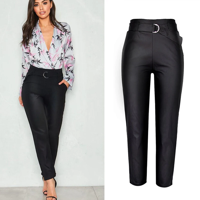Женские брюки из искусственной кожи с высокой талией бумажный ремень для сумок