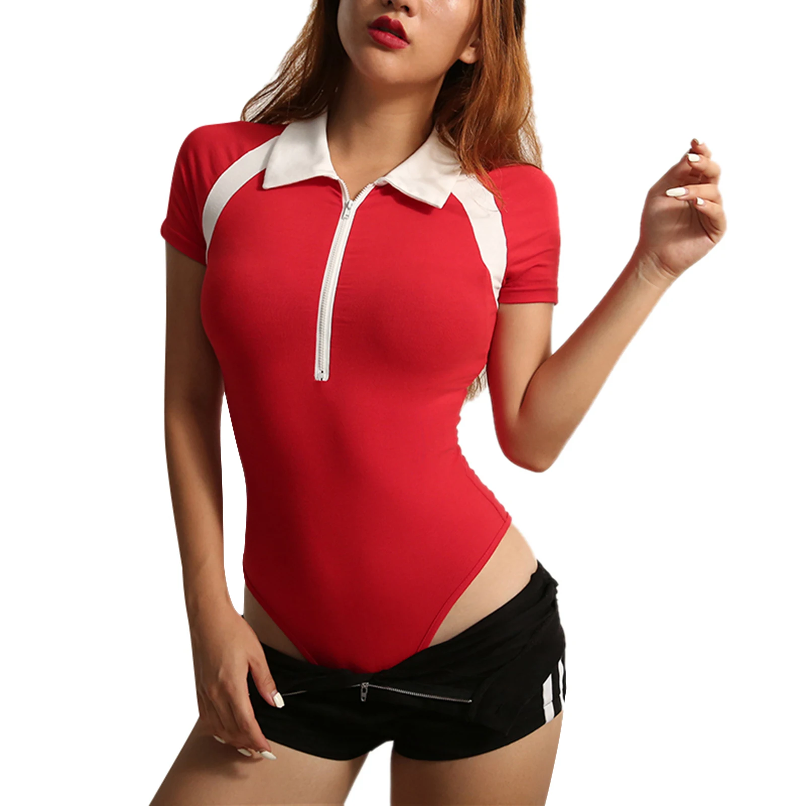 

Women Bodysuit, Lapel Shirt Chest Zipper Short Sleeve Patchwork Body Shaping Suit for Female