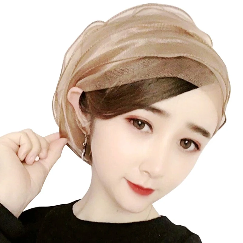 

Muslim Pleated Mesh Hijab Turban Cap Sheer Tulle Stretch Beanie Headwrap Bonnet