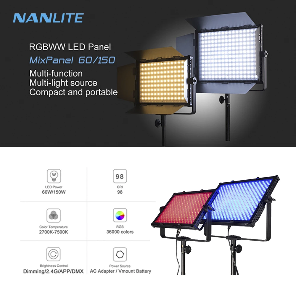 Nanlite микс панель 60 Вт/150 Вт 2700-7500 к RGB непрерывное видео мягкий светодиодный панельный светильник App/DMX/2,4G контроль затемнения с 10 цветовым эффектом