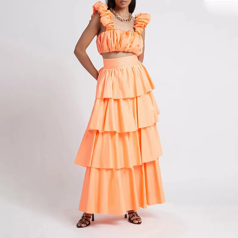 

CELLENT QUALITY Newest 2021 Solid Color Camisole + High Waist Long Stitching Skirt Suit