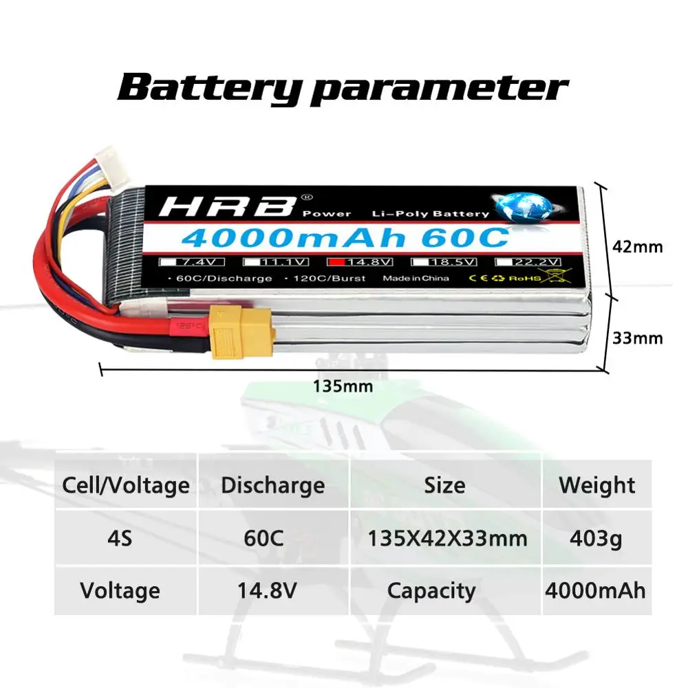 hrb 4s lipo аккумулятор 148 в 4000 мач 60c xt60 разъ