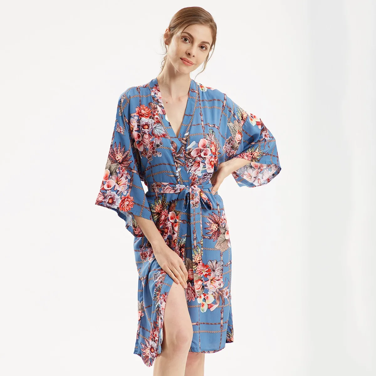 

Women Cotton Kimono Bathrobe Gown Sleepwear Print Flower Bride Bridesmaid Wedding Robe Half Sleeve Oversize Nightgown Home Dress
