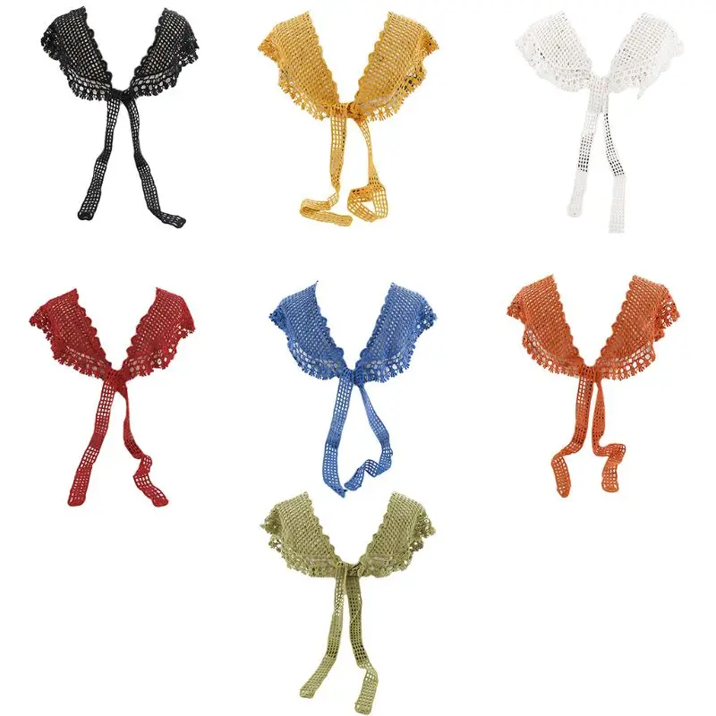 Ажурный вязаный шарф в сетку однотонный кружевной воротник с цветочной вышивкой