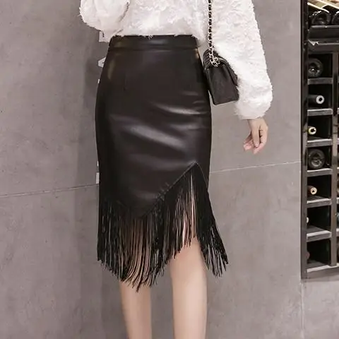 

Fashionable New Women's PU Leather Skirt Stitched Tassel Skirt Irregular Slim Fit Sexy Hip Wrap Skirt One Step Skirt
