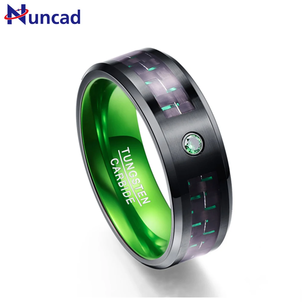 

NUNCAD Men's 8mm Tungsten Carbide Ring Green Carbon Fiber Comfort Fit Wedding Band Tungsten Steel Ring Size 7 to 12