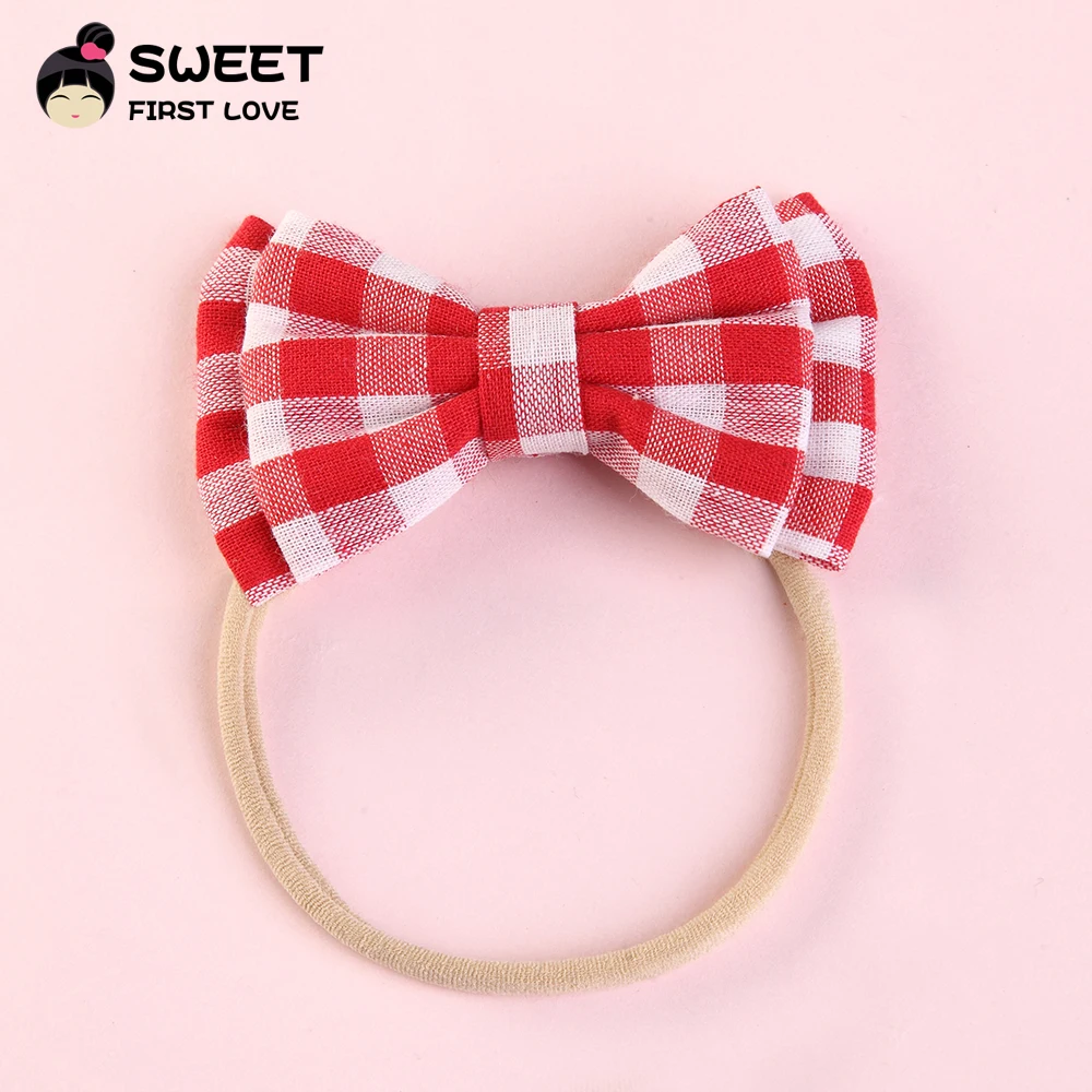 Нейлоновая повязка на голову с тканевым клетчатым бантом для маленьких девочек