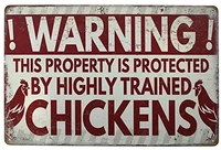 warning this property is protected by highly trained chickens funny vintage metal tin sign rural rooster plaque farmation