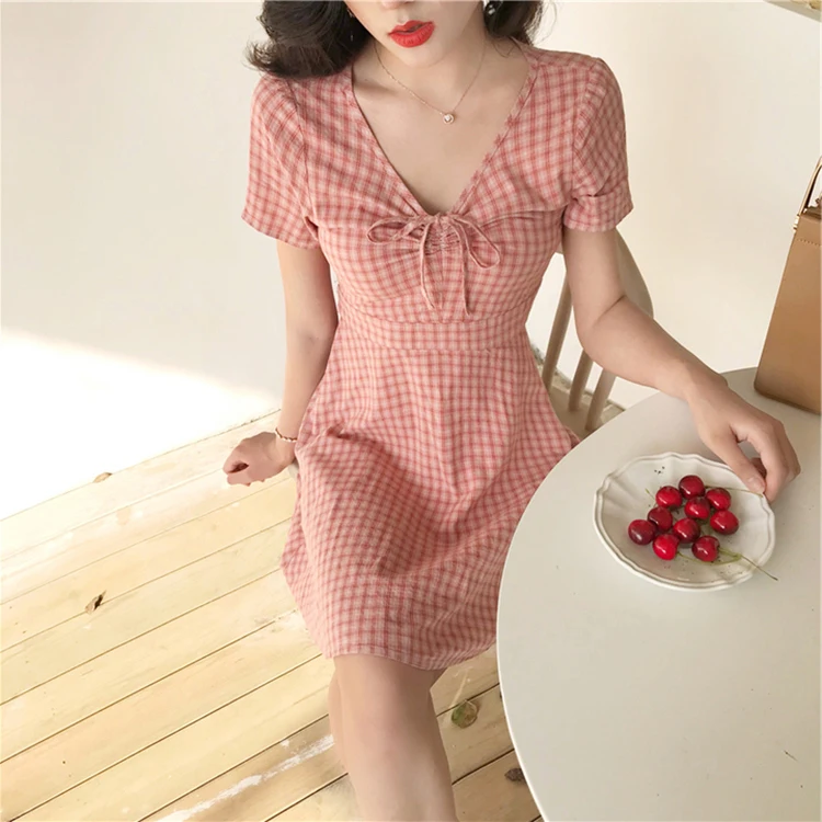 

Short Sleeve Dress Women 2021 Summer New Korean French Short-sleeved V-neck Plaid Pink Dress Drawstring Bow Short Dress Female