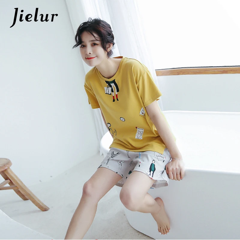 Jielur 2019 Новая Летняя женская футболка с принтом сердца короткие штаны милые