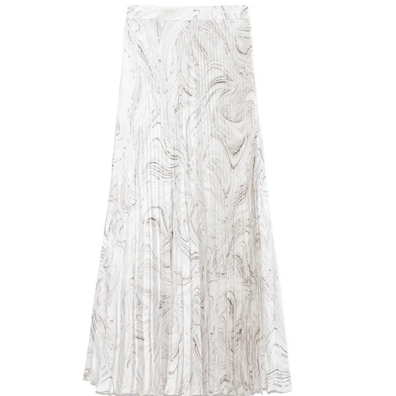 

Summer fashion women's long skirts, retro high waist skirts, summer office style, stitching printed pleated mid-length skirts