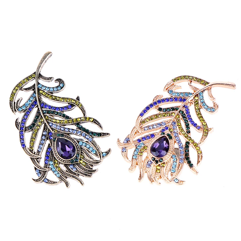 1pcs Boho Crystral Peacock Feathers Brooch Enamel Pins Deep Blue Brooches For Cloth Decorations Wedding Accessories | Украшения и