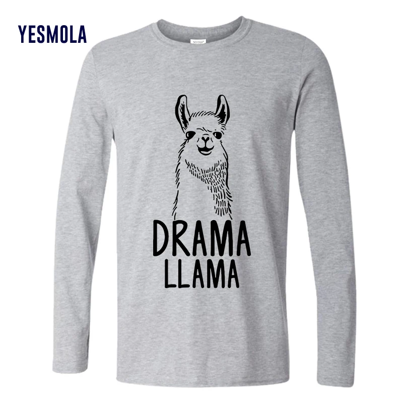YESMOLA Drama Llama Print Long Sleeved Shirt 100% Cotton Custom T Shirt Autumn Men Cartoon Casual Men T-shirt