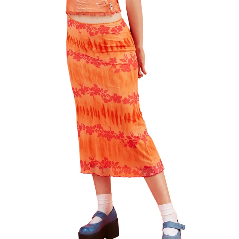 

Fashion Summer Women Boho Beach Casual Style Skirts Female High Waist Floral Printing Orange Midi Skirt Party Holiday Clothing