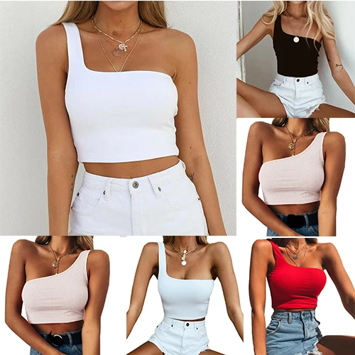 Sleeveless T-Shirt Women Crop Top Sexy Cool One Shoulder Tank Tops Summer Beach | Женская одежда