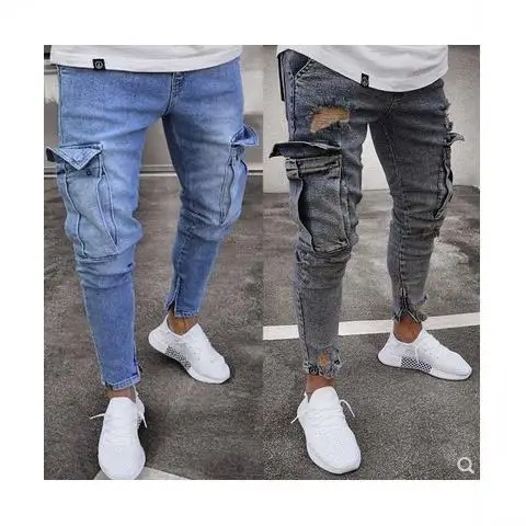 

2 color big pockets men jeans trousers men 2021 overalls loose trousers jogging jogging open hole overalls military large