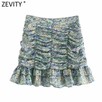 zevity women vintage cashew nut floral print hem ruffles casual slim pleated skirt faldas mujer femme side zipper vestido qun733