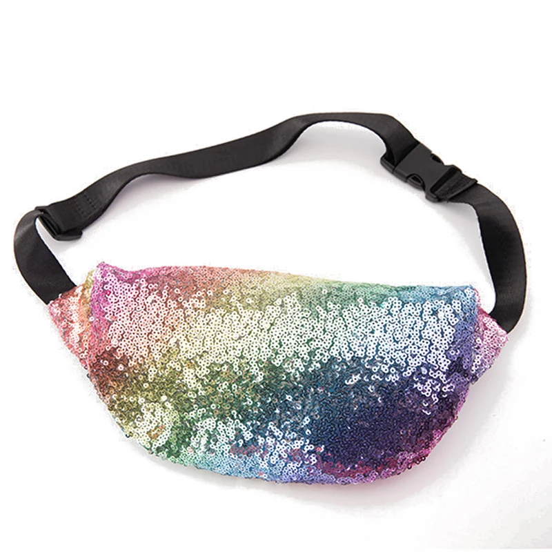 

100PCS / LOT Fashion Sequin Fanny Pack Female Rainbow Color Paillette Belt Bum Bag Waist Packs New Design Glitter Women Pouch Wa
