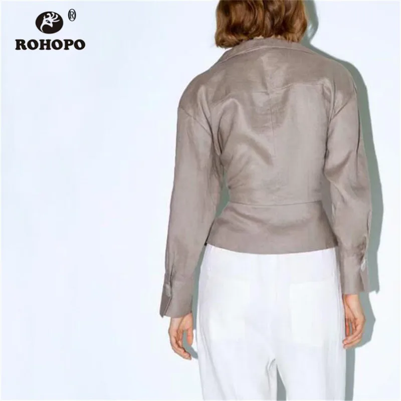 ROHOPO/Осенняя Женская куртка с зазубренным воротником и баской на шнуровке серая