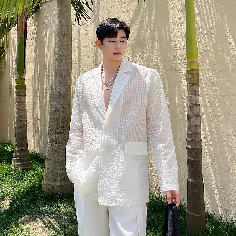 

Мужской костюм, пальто, Мужской Блейзер, куртка, мужской тонкий прозрачный Свободный Повседневный Белый Блейзер знаменитостей, костюм, курт...