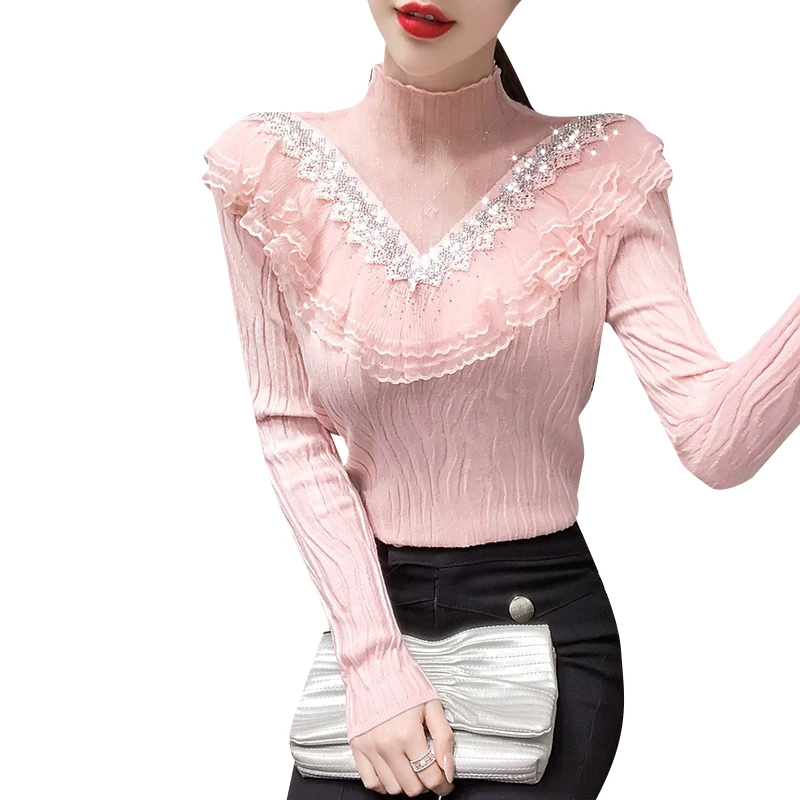 

Sweater Bottoming Spring 2021new Trendy Mesh Wooden Ear Splicing Knitwear Inner Wear Women's Top