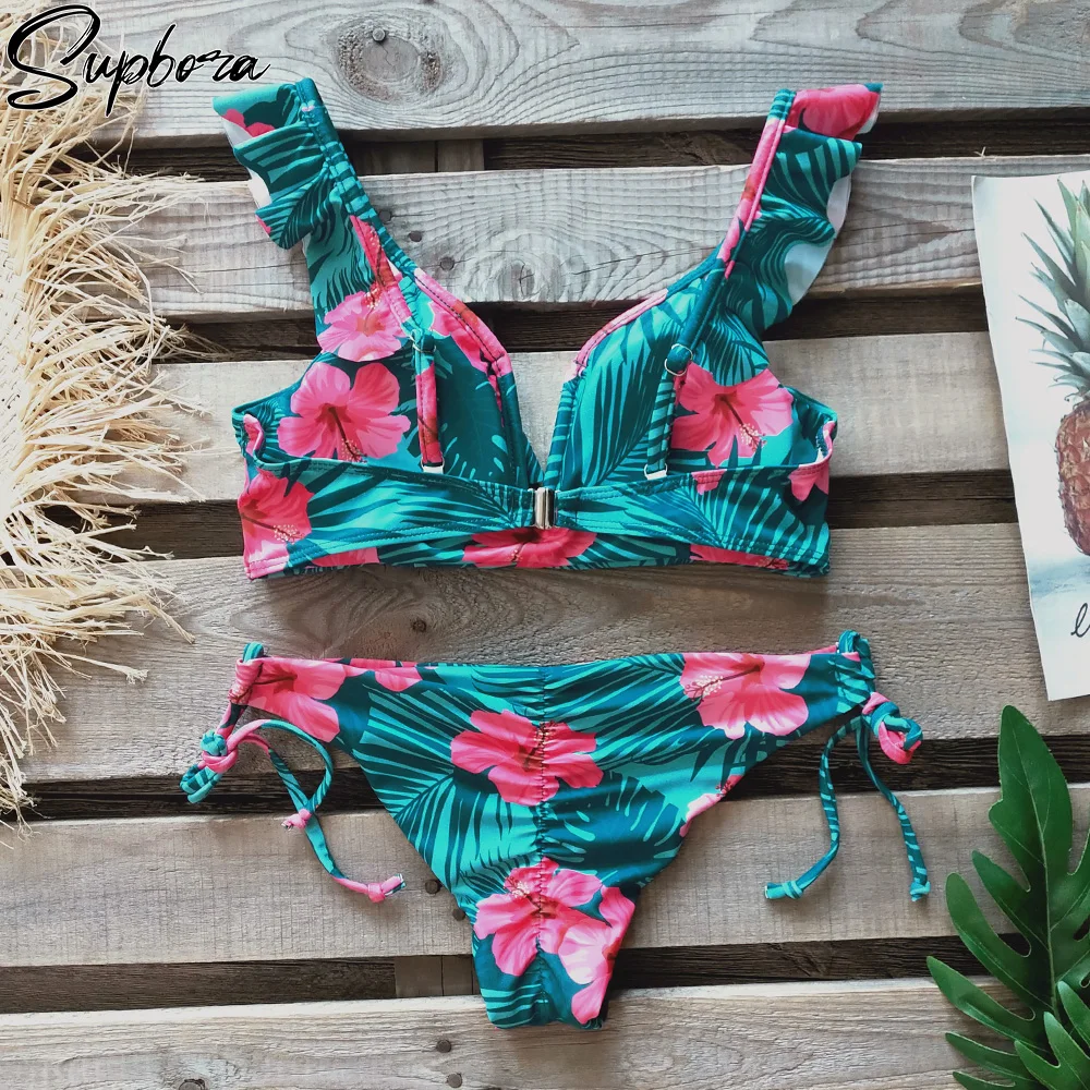 

2020 Print Bikini Women Swimwear Push Up Swimsuit High Waist Biquini Halter Backless Bathing Suit Ruffle Beach Wear Summer
