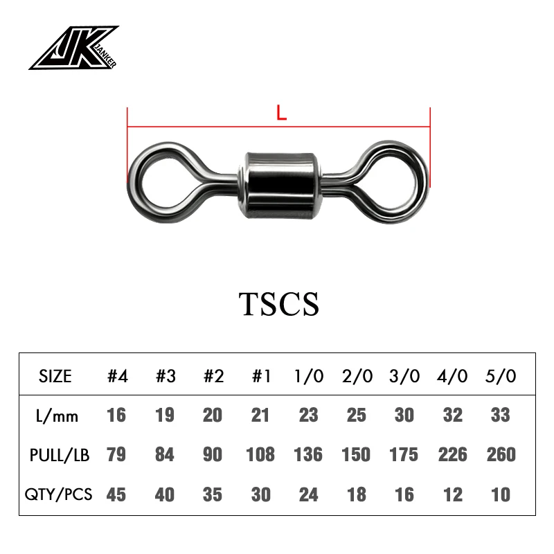 JK 79-260LB Crane Barrel Bearing Rolling Swivel Solid Ring Fishing Swivels Hook Connector Ocean Boat Rig Sea Carp Fishing Tackle