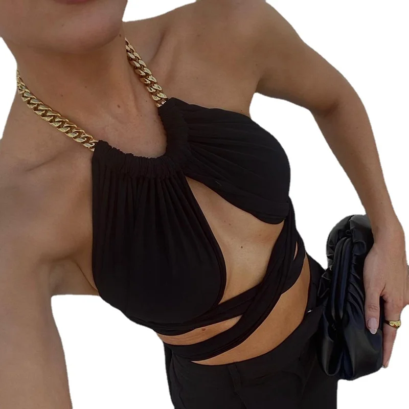 

Fashion Women Crop Top European and American Sexy Chain Halter Breast Wrap Summer New Hollow Out Bandage Bottom Vest Donsignet