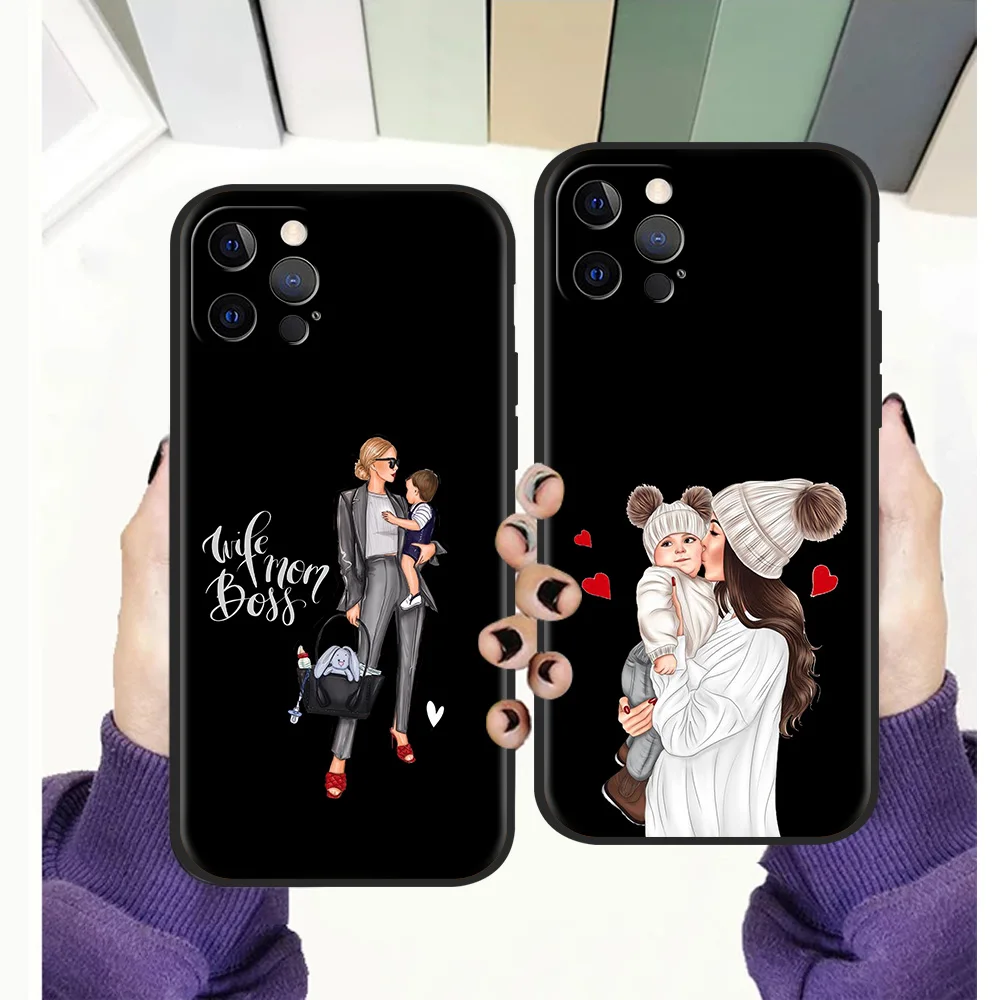 

Black Brown Hair Baby Mom Girl Son Phone Case for iPhone 12 13 Pro Max XR X XS Max 11 Pro Max 7 8 Plus SE 2020 Soft Cover Fundas
