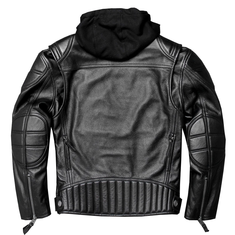 

2021 Men's Genuine Leather Hooded Jackets Heavy Motorcycle Leather Jackets 5XL Cowhide Biker Leather Coat for Male