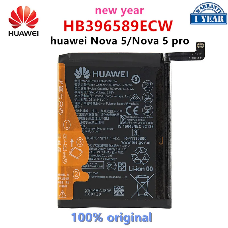 100% Оригинальный HUAWEI HB396589ECW 3500 мАч аккумулятор для Huawei Nova 5 Nova 5 pro nova5pro SEA-AL00 сменные батареи