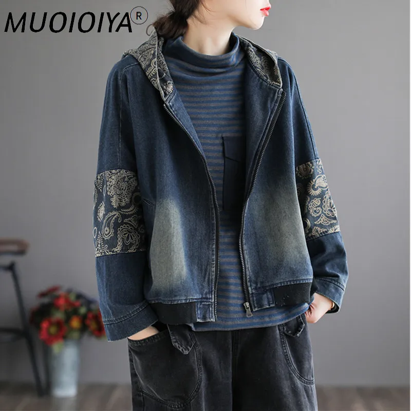 

Vintage Stitching Print Denim Jacket Women Hooded Short Spring Autumn Loose Long-Sleeve Zipper Oversize Clothes Female Outwear