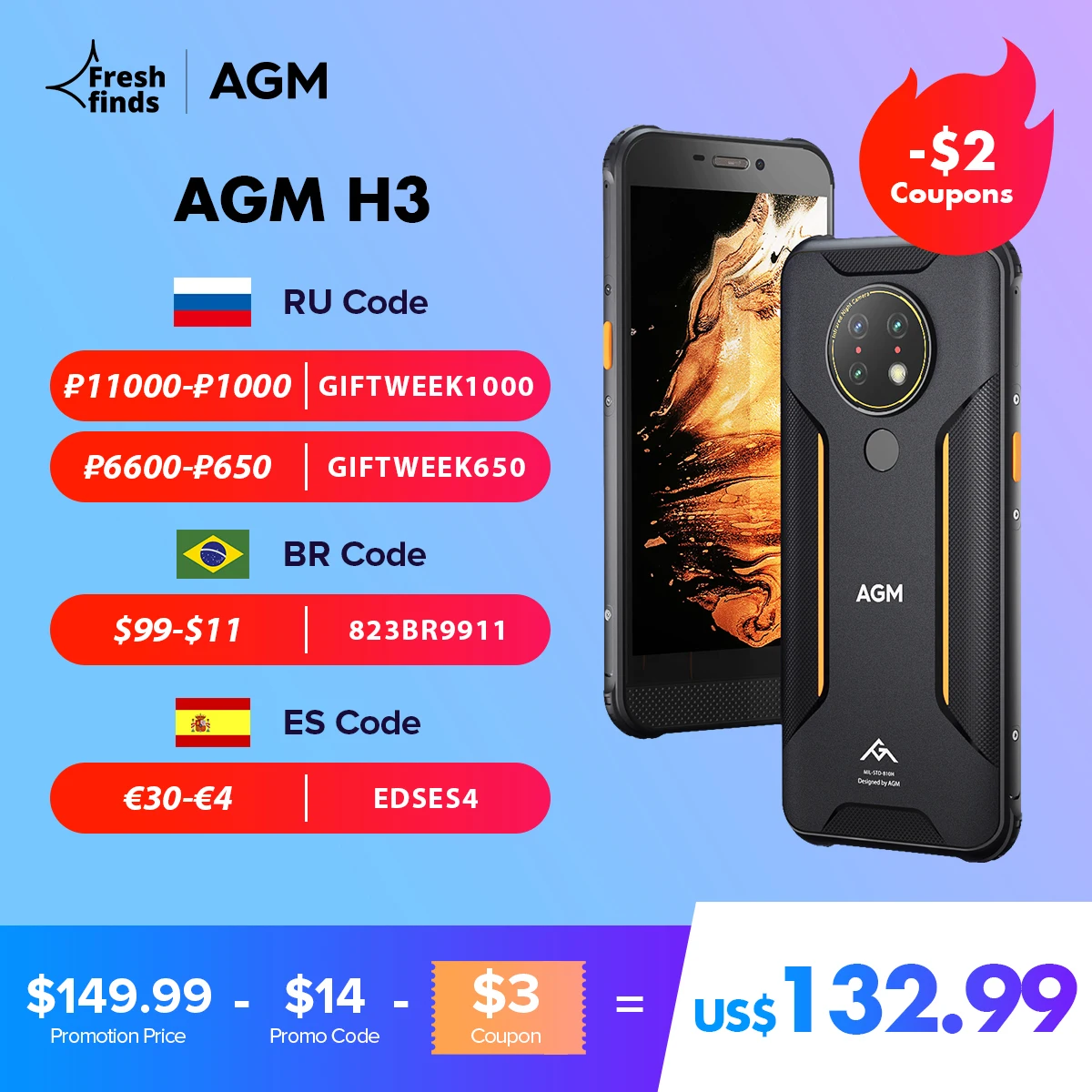 AGM H3 Защищенный смартфон IP68/IP69K камера ночного видения 5.7&quot 5400мАч Android 11 NFC