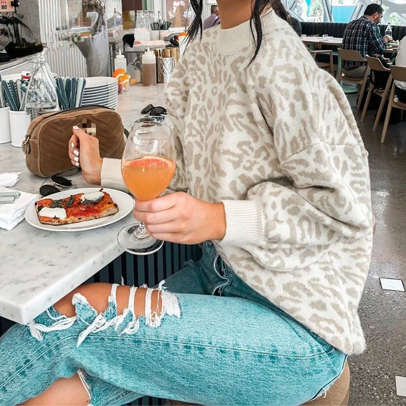 

sweater women turtleneck leopard knitted sweater animal print winter thick female pullovers casual tops oversized sweater