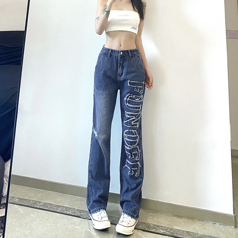 

2021 New Fashion Women's Jeans Straight Pants English Patch Casual Wide Leg Washed Distressed Blue Hip Hop Denim Trousers