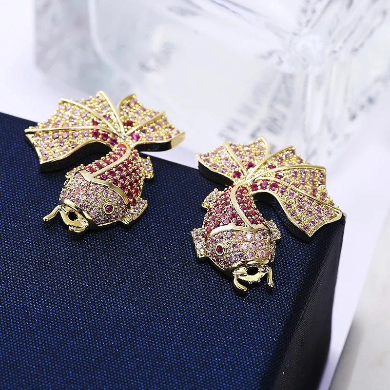 Коллекция сережек XIUMEIYIZU с милыми животными из розового циркония и дизайном в форме карпа, инкрустированных бриллиантами из латуни, модные украшения для свадьбы.