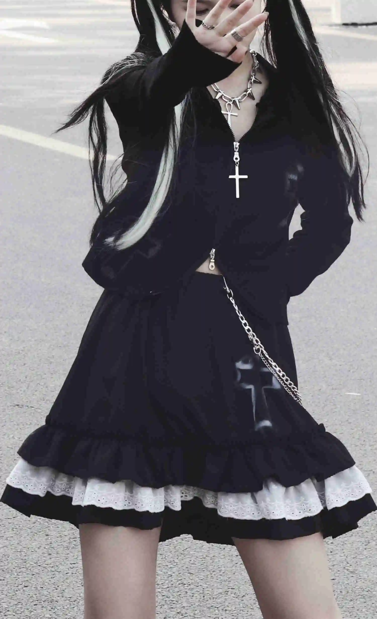 

Miub Harajuku chain skirt autumn cross niche cake skirt punk black a skirt