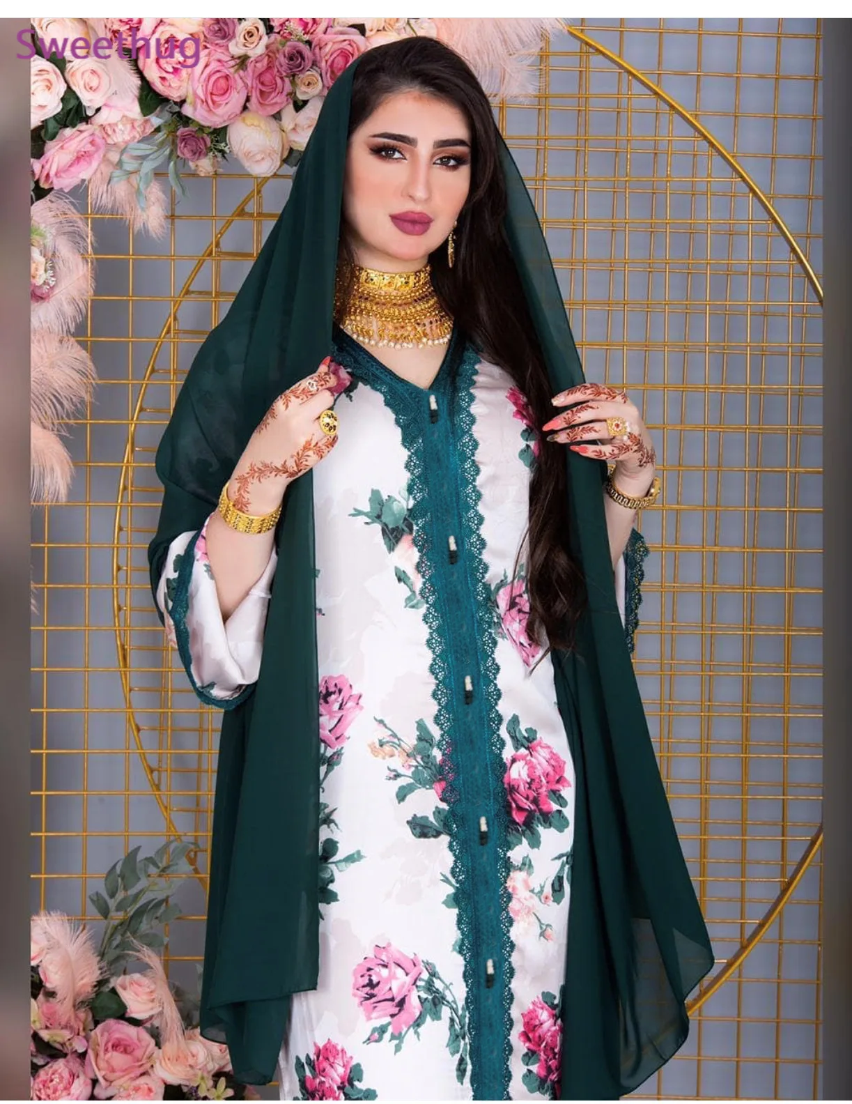 Mayata Jalabiat элегантное белое платье с принтом «розы» Ленты V образным вырезом хиджаб с длинными рукавами платье Для женщин Дубайский арабский ...