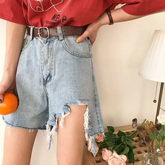 

Summer chic style loose wide leg Capris with holes high waist jeans shorts women's a-word ulzzang hot pants