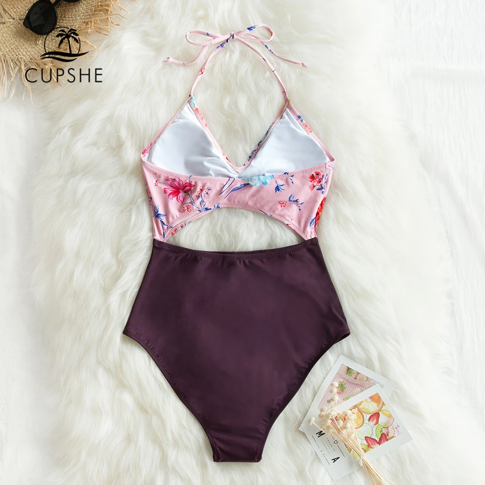 CUPSHE розовый и фиолетовый цветочный вырез Холтер цельный купальник сексуальный