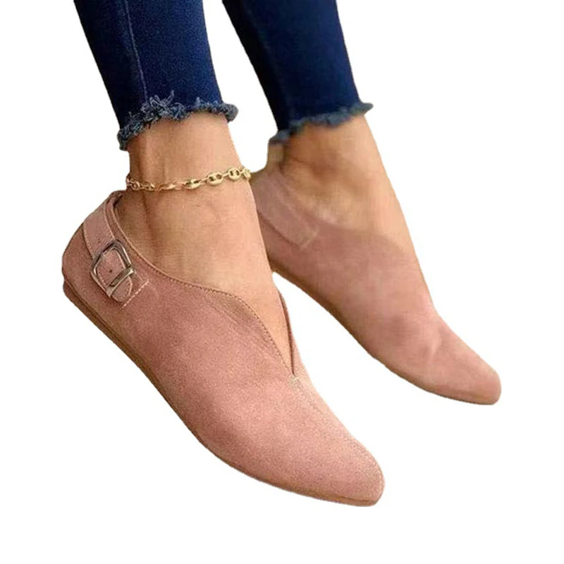 2021 Women Buckle Pointed Toe Flat Female Slip On Sping Flock Shoes Ladies Outdoor Casual Fashion New Footwear Plus Size