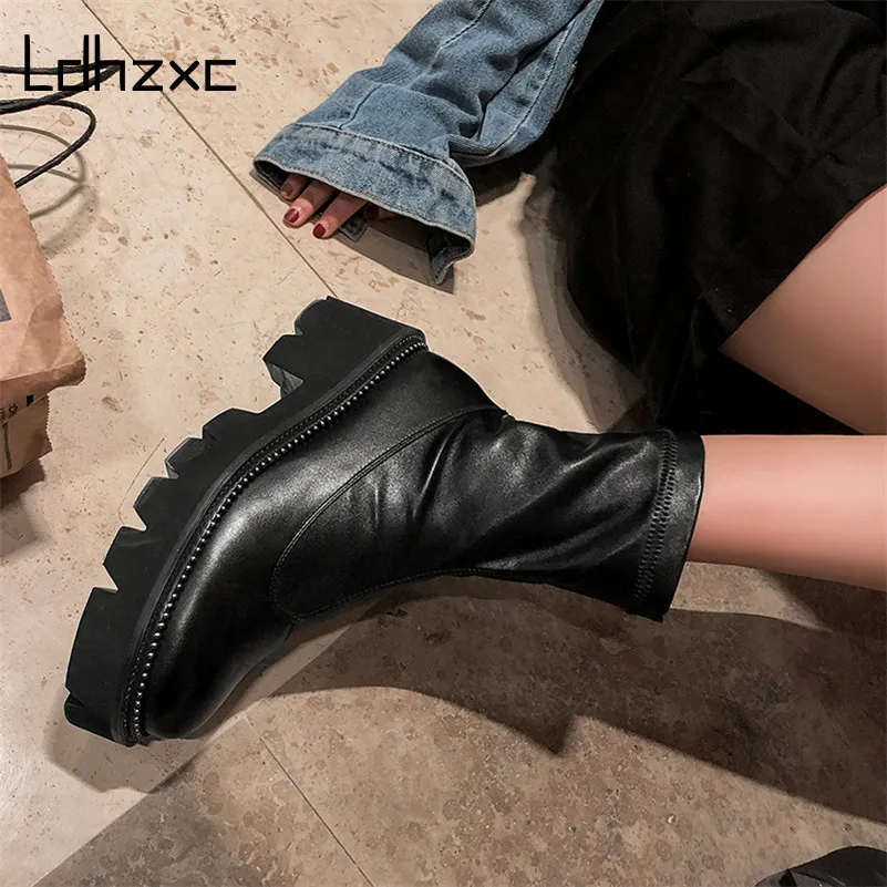 Ботильоны женские из натуральной кожи на платформе высоком каблуке большой