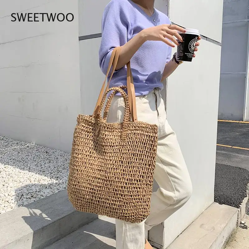 

casual straw women shoulder bags wicker woven handbags rattan summer beach bag large capacity tote lady big purses shopper new