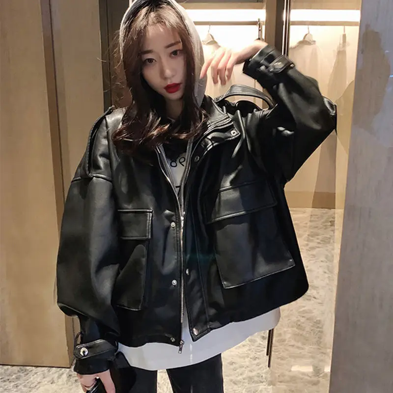 

Женская куртка из искусственной кожи, черная куртка из искусственной кожи в Корейском стиле, мотоциклетный костюм, весна-осень 2021