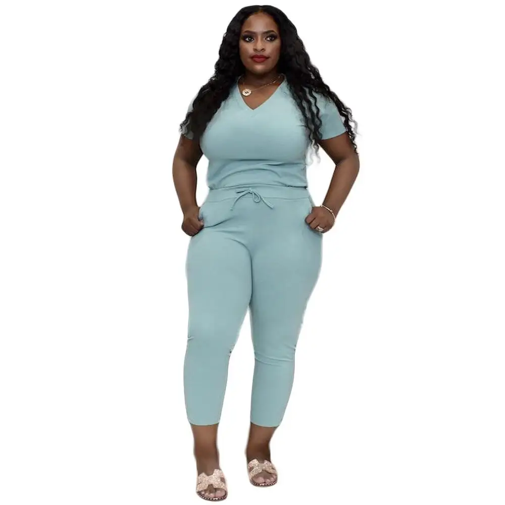 

2020 Summer Autumn New Solid T Shirt Sets for Plus Size Women Short Sleeves Casual Tracksuits Two Pieces Comfortable Home Pants