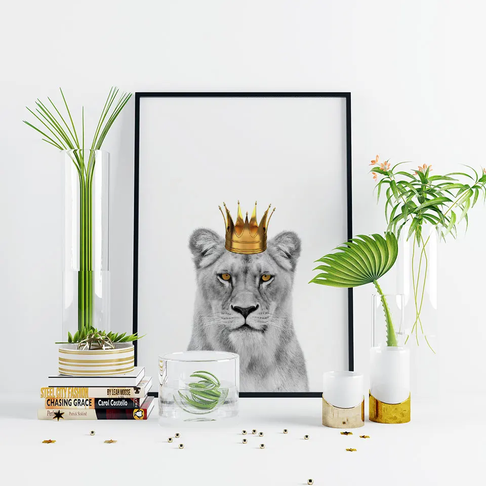 Плакат с животными Золотая Корона холст картина Король Лев королева Настенная
