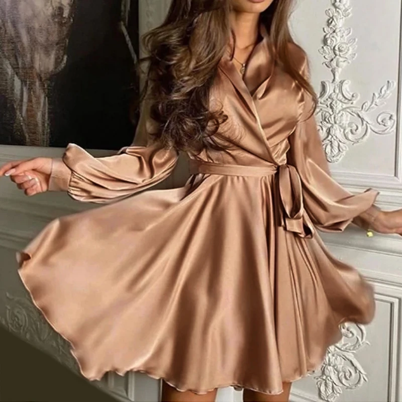 

2021 Autumn Fashion Women's Clothing Streetwear Vestidos Satin Sashes A Line Mini Dress Lantern Sleeve Sexy Elegant Party Dress