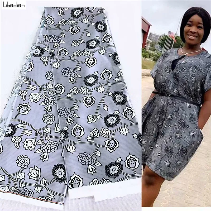 

African Silk garment fabric blue digital printing satin silk fabrics length 5yards/pcs for making fashion clothes !M28-16